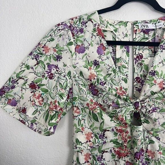 ZARA NWT Ivory Cream Floral Tiered Midi Dress Botanical Front Knot Size Small - Picture 9 of 12